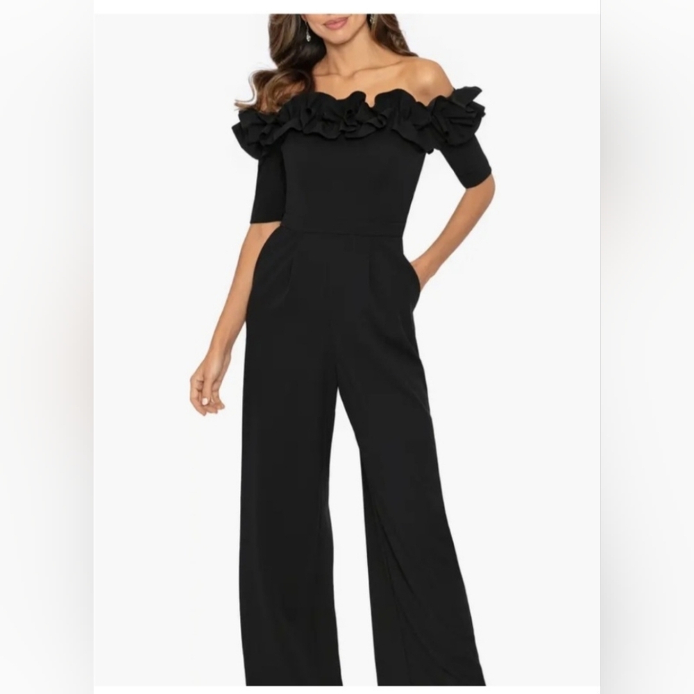 NWT Xscape Ruched Ruffle Scuba Crepe Jumpsuit Black Off The Shoulder Size 14